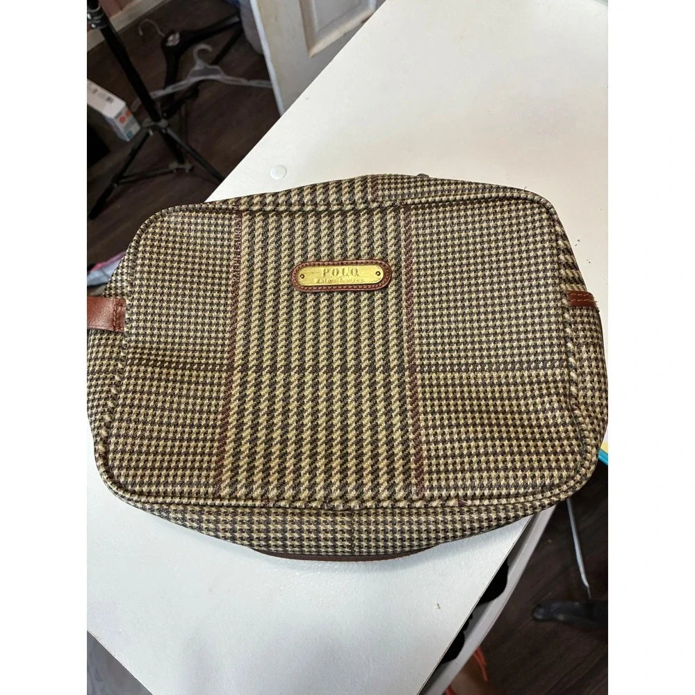 Vintage Polo Ralph Lauren Houndstooth Toiletry Bag Leather Trim Makeup Bag Brown